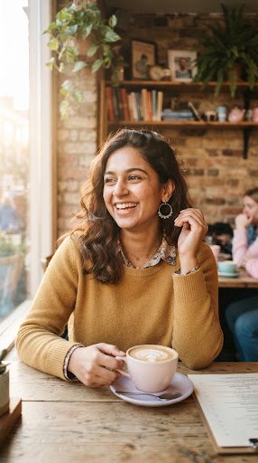 Example profile photo: a woman smiling in a sunlit Bengaluru café, holding a cappuccino